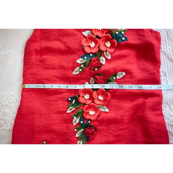 Vintage Mod Mini Dress Barkcloth 70s Sleeveless Red Floral Applique XS Party - Picture 6 of 10